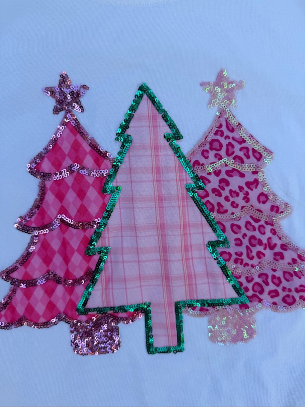Festive Holiday Pink Sequin Tree Appliqués Puff Sleeves White Tee - Picture 3 of 7